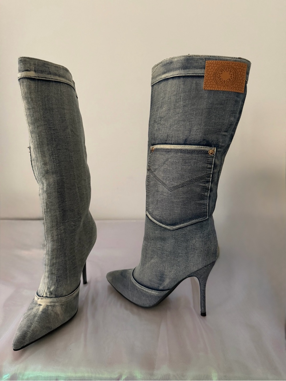 Cape Robbin Gray Denim Knee-High Pointed Stiletto Boots